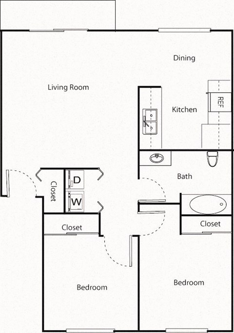 A floor plan of a small apartment with a living room, kitchen, two bedrooms and two closets.